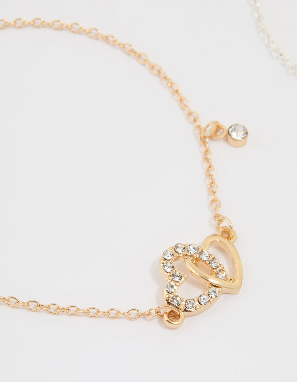 Mixed Metal Diamante Heart Link Bracelets 2-Pack