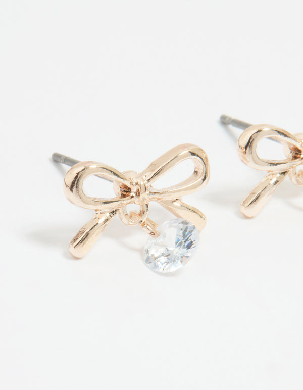 Rose Gold Diamante Bow Drop Earrings