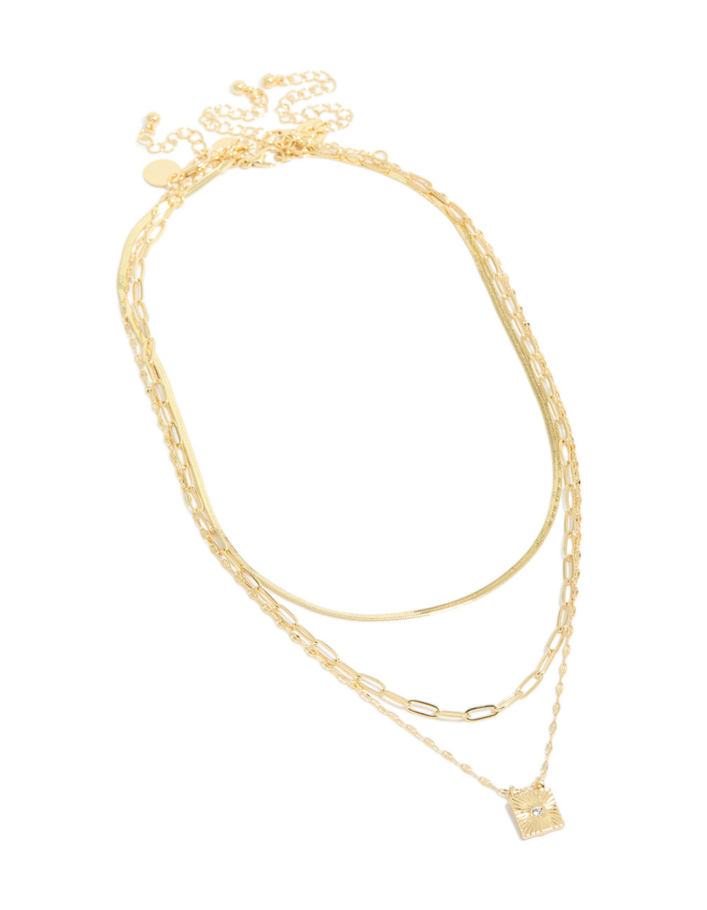Gold Plated Square Diamante & Snake Chain Layered Necklace
