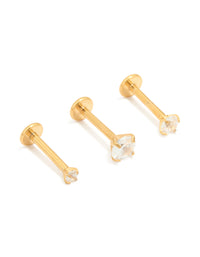 Gold Plated Titanium Cubic Zirconia & Plain Flat Back Studs 3-Pack - link has visual effect only