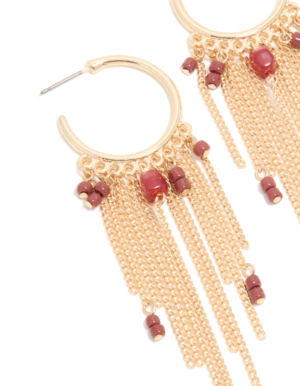 Gold Red Beaded Chain Hoop Earrings