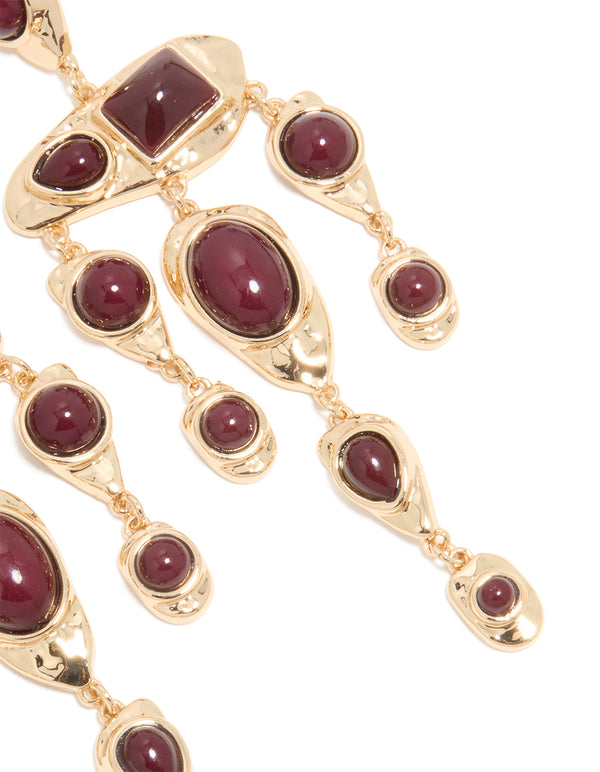 Gold Red Stone Mixed Shape Drop Earrings