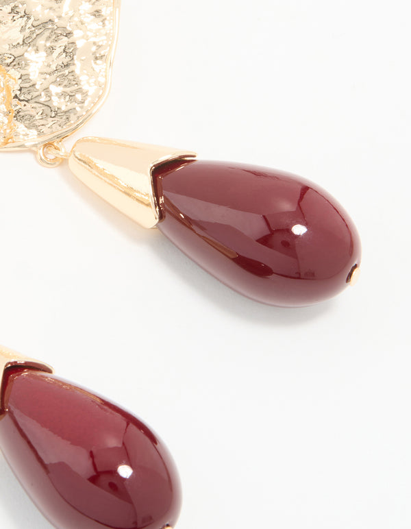 Gold Red Stone Molten Teardrop Earrings