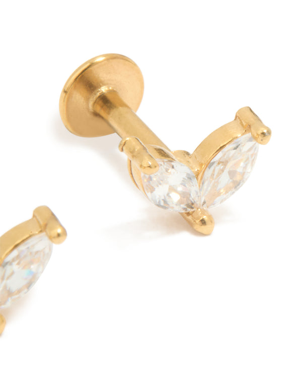 Gold Plated Surgical Steel Double Leaf Cubic Zirconia Flat Back Studs