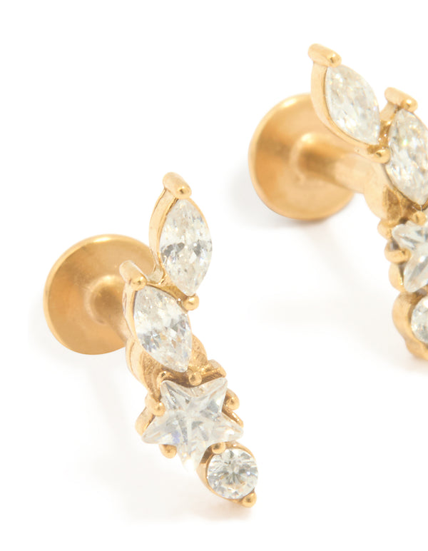 Gold Plated Surgical Steel Leaf Cubic Zirconia Flat Back Studs