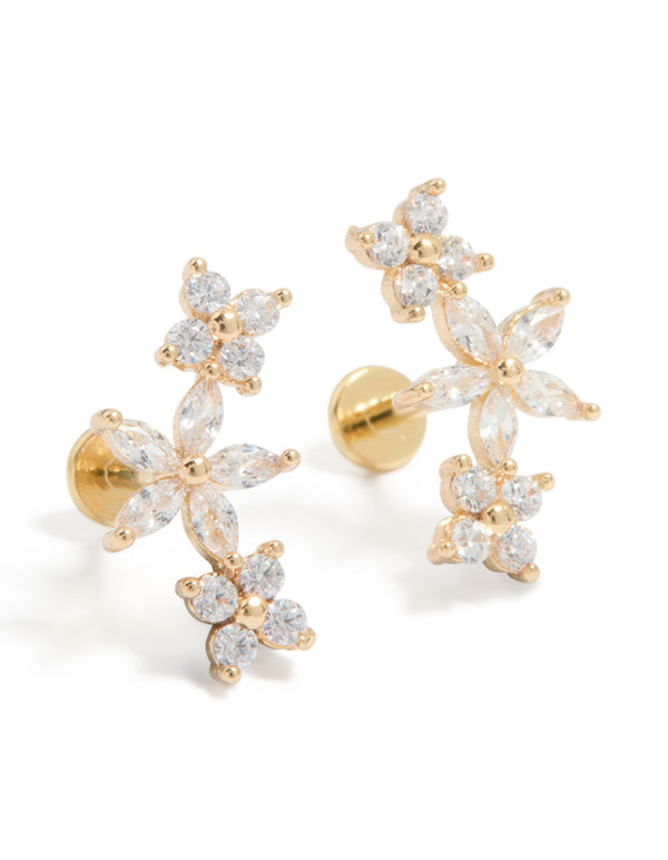 Gold Plated Surgical Steel Cubic Zirconia Flower Claw Flat Back Studs 2-Pack