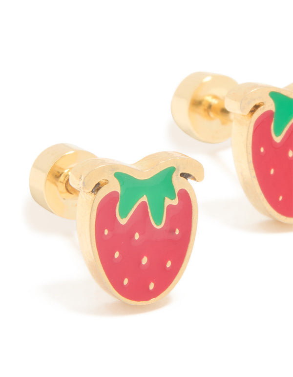 Kids Gold Plated Surgical Steel Enamel Strawberry Flat Back Studs