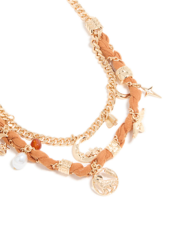 Gold Orange Woven Fabric Charm Layered Necklace