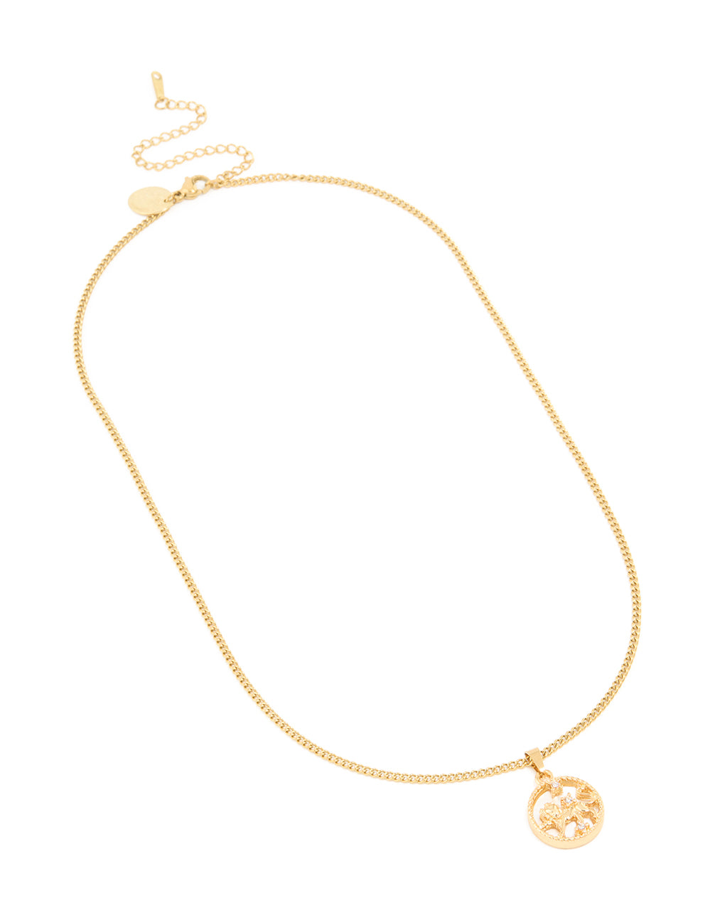 Explore this a waterproof gold plated stainless steel dainty necklace with a circle Leo zodiac star sign pendant front view