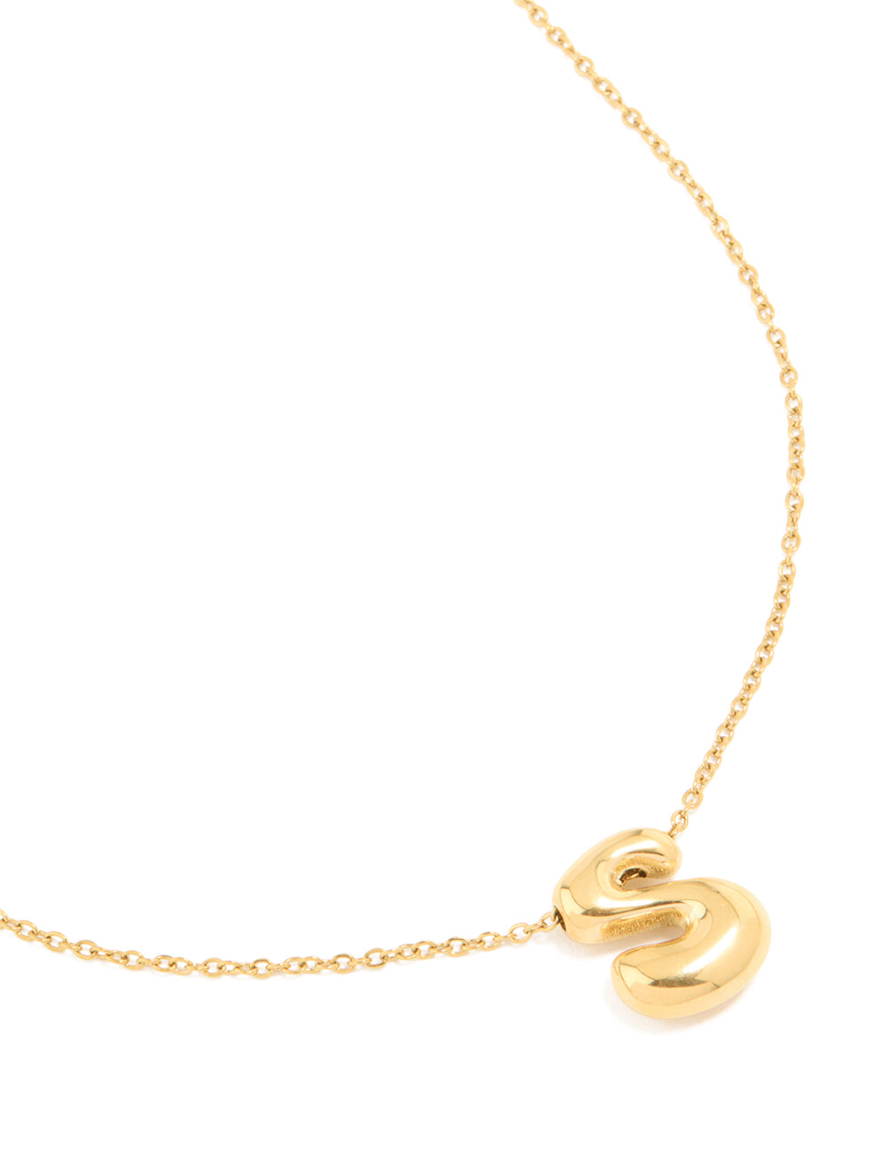 Showcasing a waterproof gold plated stainless steel large bubble letter S necklace with initial pendant in dainty style close up view