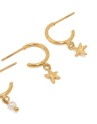 Waterproof Gold Plated Stainless Steel Pearl & Starfish Hoop Earrings 2-Pack - link has visual effect only