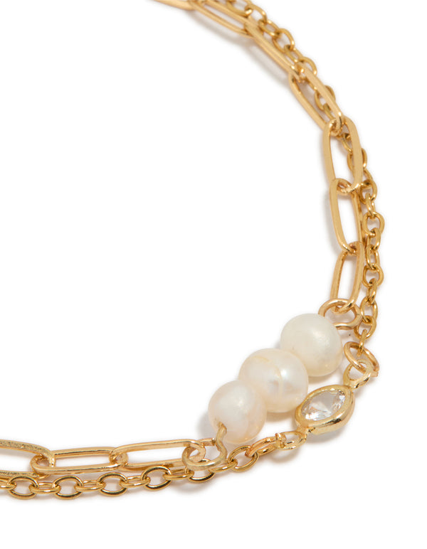 Waterproof Gold Plated Stainless Steel Pearl Fine Pin Chain Bracelet