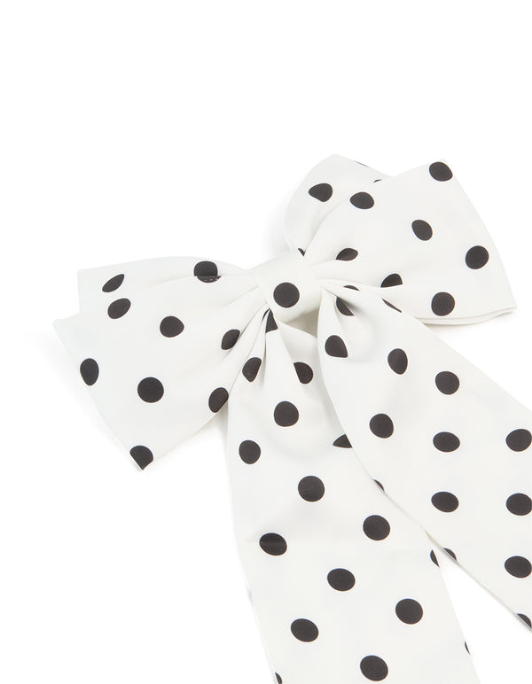 White Fabric Black Spotted Medium Bow Clip