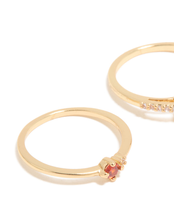 Gold Plated Red Cubic Zirconia Elegant Pear Stacking Rings 3-Pack