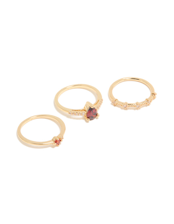 Gold Plated Red Cubic Zirconia Elegant Pear Stacking Rings 3-Pack