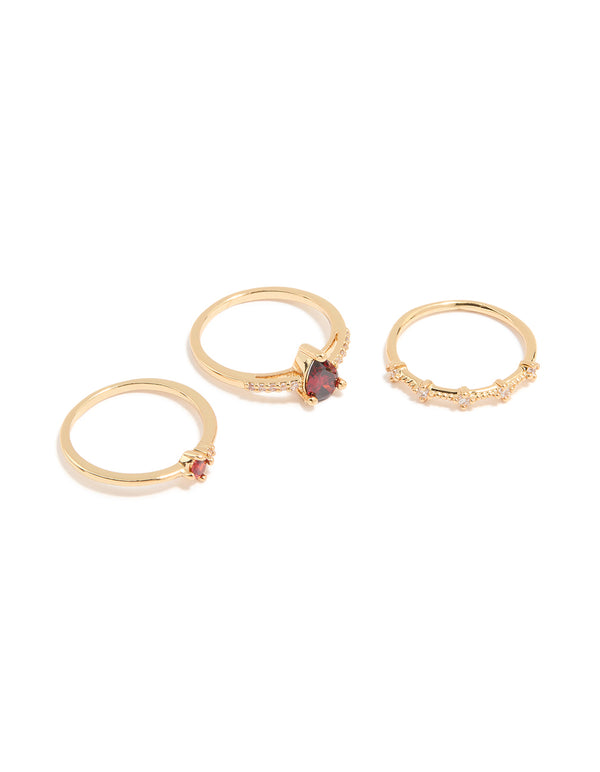 Gold Plated Red Cubic Zirconia Elegant Pear Stacking Rings 3-Pack