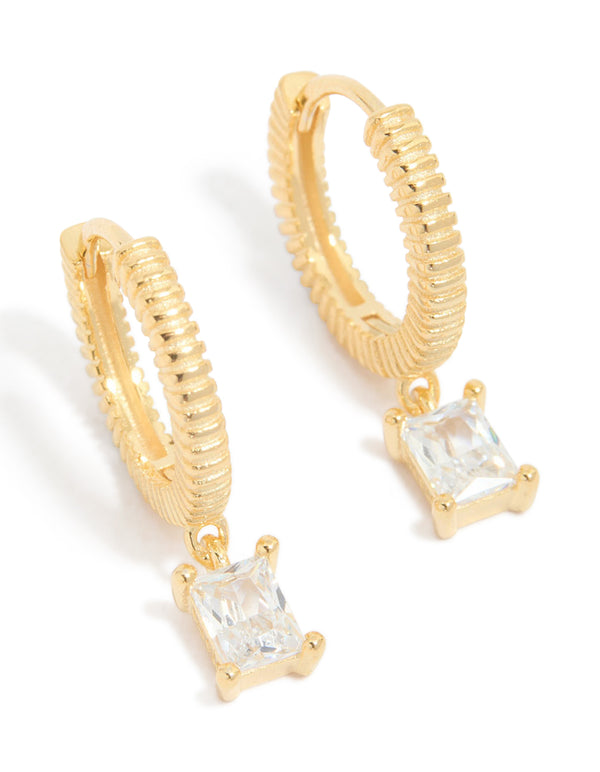 Gold Plated Sterling Silver Cubic Zirconia Drop Charm Huggie Earrings