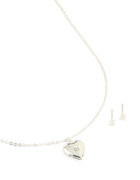 Silver Plated Cubic Zirconia Centre Heart Pendant Necklace & Earrings Set - link has visual effect only