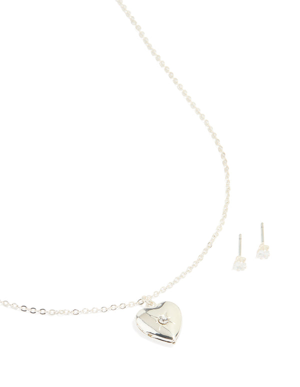 Silver Plated Cubic Zirconia Centre Heart Pendant Necklace & Earrings Set