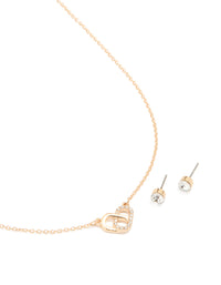 Gold Overlapping Heart Necklace & Diamante Earrings Set - link has visual effect only