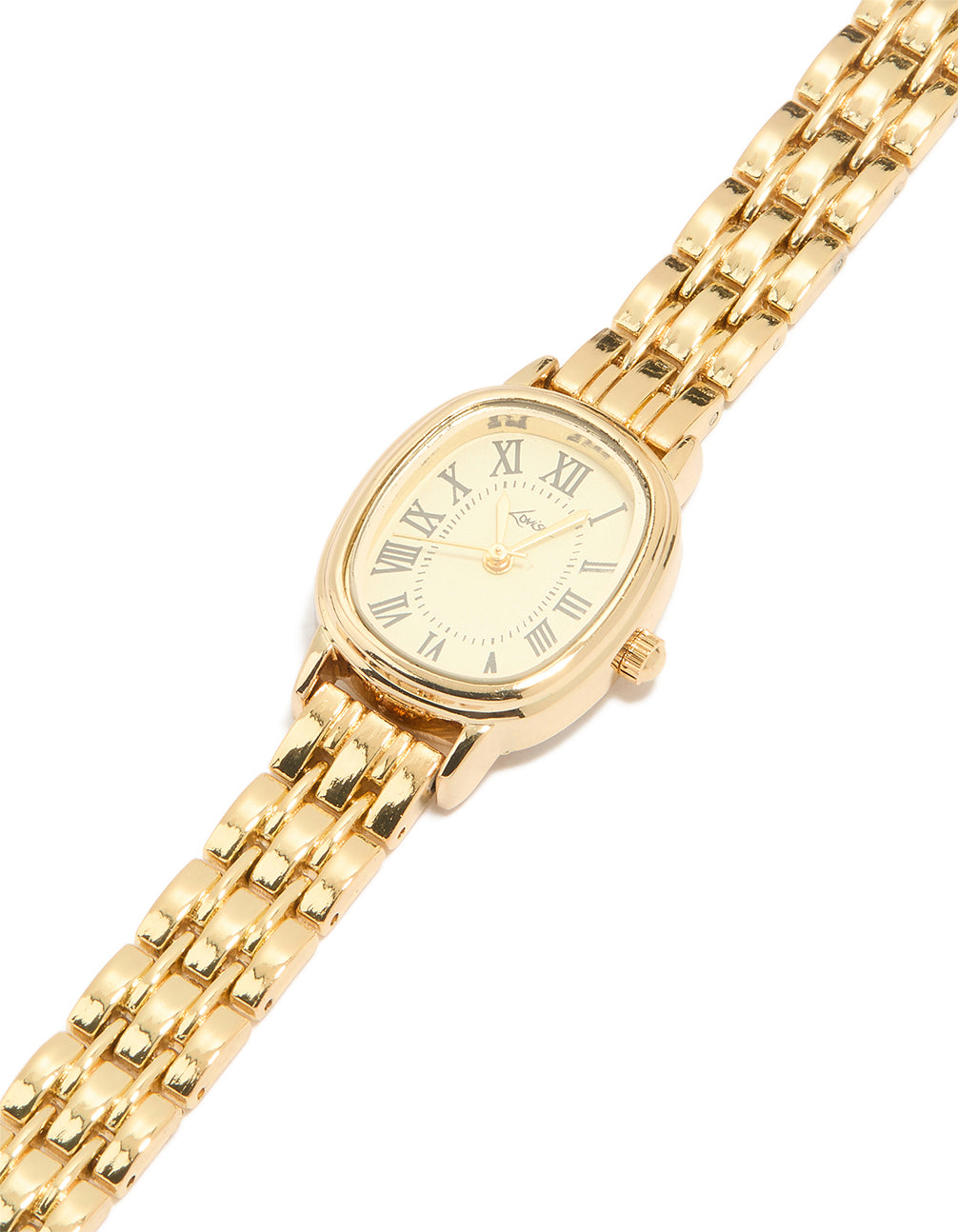 Showcasing a dainty women's watch with yellow dial featuring roman numerals and oval face, designed with link band in gold for formal occasions, analog type watch face detail view