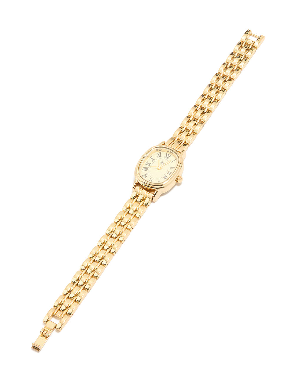 Elegant dainty women's watch with yellow dial featuring roman numerals and oval face, designed with link band in gold for formal occasions, analog type front view