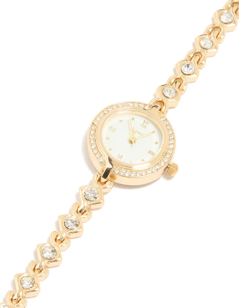 Discover this gold diamante dainty round watch featuring cubic zirconia ,round shape, white dial, roman numerals, link band strap, women's casual analog type watch face detail view