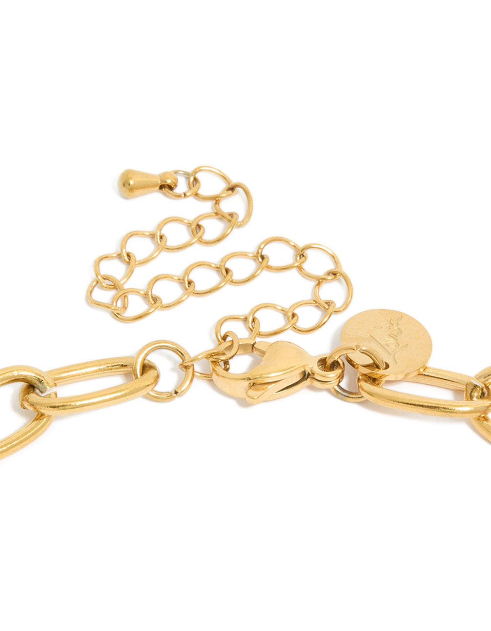 Featuring waterproof irregular paperclip design with freshwater pearl necklace in gold plated stainless steel clasp detail view