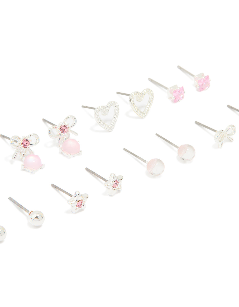 Silver Pink Diamante Heart & Bow Mixed Earrings 8-Pack