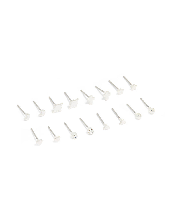 Silver Cross & Star Stud Earrings 8-Pack