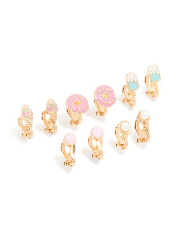 Gold Sweet Treats Clip-On Earrings 5-Pack