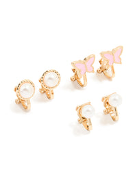 Kids Gold Pearl & Butterfly Clip On Earrings 5-Pack - link has visual effect only