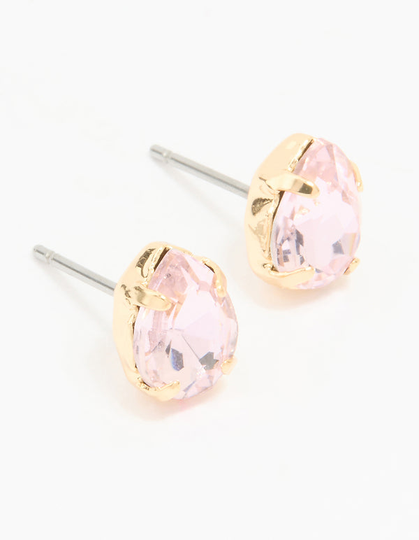 Gold Pink Diamante Pear Stud Earrings