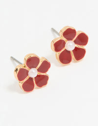 Gold Red Pearl Center Flower Stud Earrings - link has visual effect only