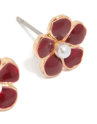Gold Red Pearl Center Flower Stud Earrings - link has visual effect only