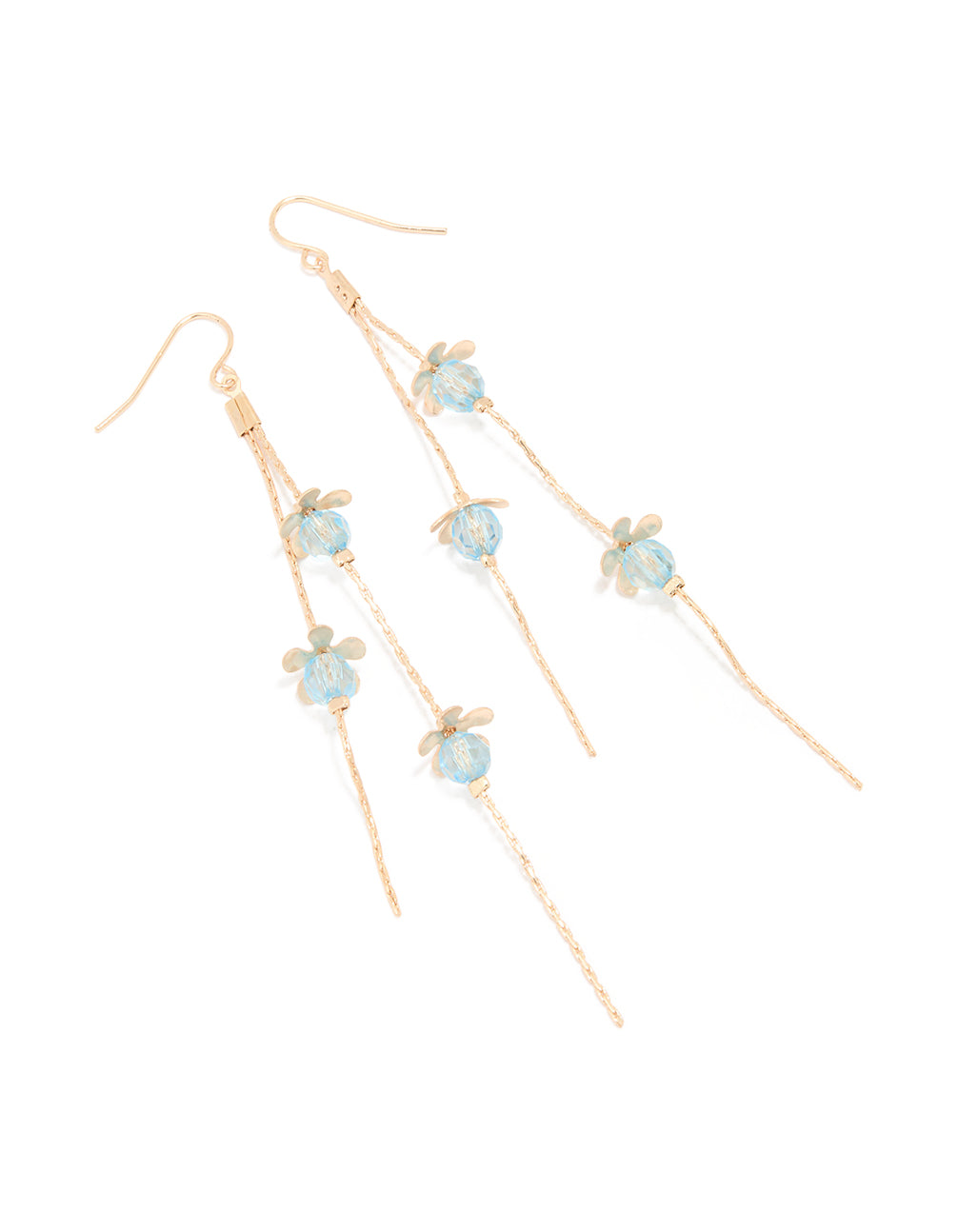 Gold Blue Beaded Flower Chain Drop Earrings