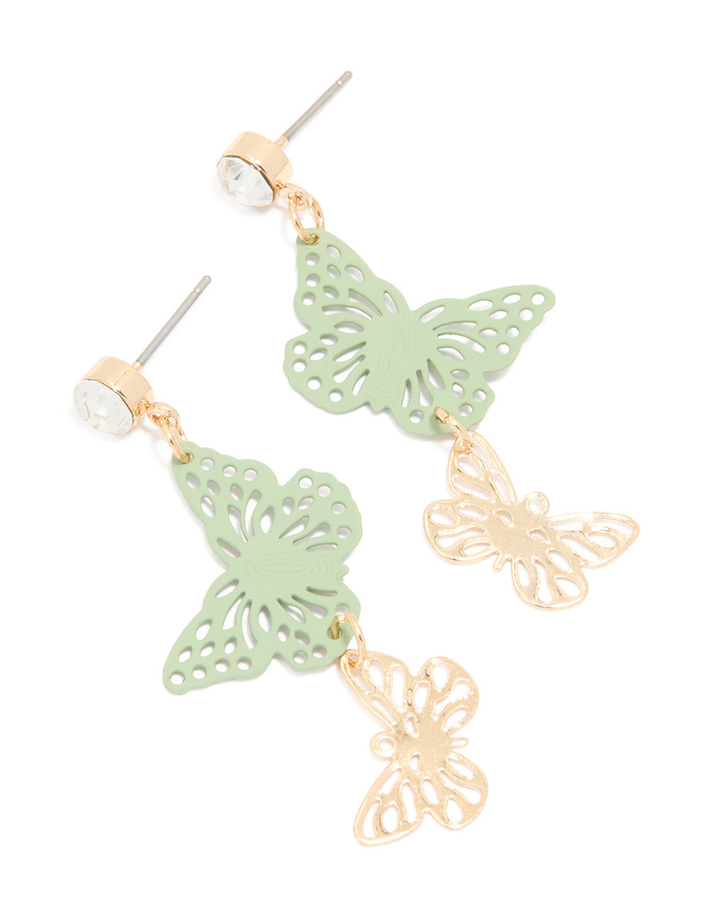Gold Diamante & Green Coated Motel Butterfly Drop Earrings