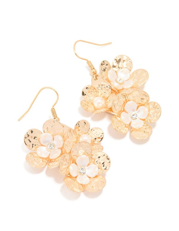Gold Pearl Flower Drop Earrings