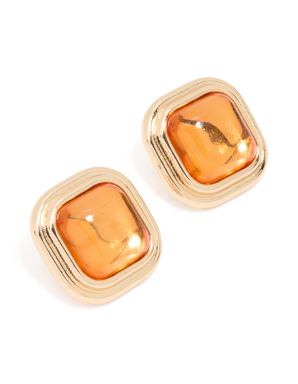 Gold Orange Diamante Square Stud Earrings