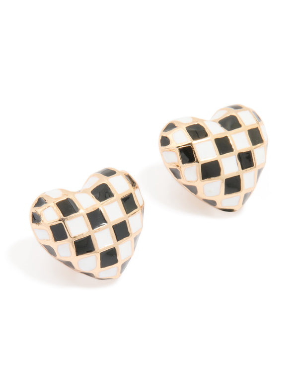 Gold Chess Heart Stud Earrings