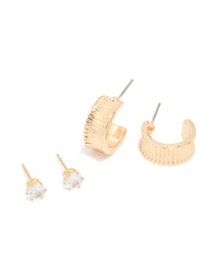 Gold Diamante Ribbon Hoop & Stud Earrings 3-Pack - link has visual effect only