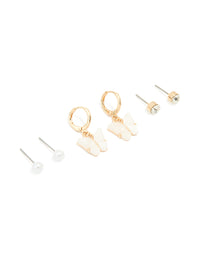 Gold Pearl Stud & Butterfly Huggie Earrings 3-Pack - link has visual effect only