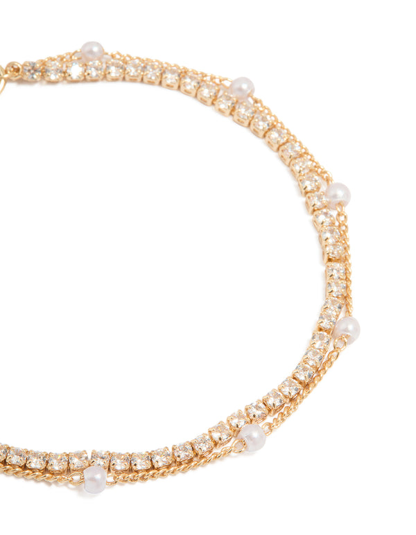 Gold Cubic Zirconia Pearl Toggle Bracelet