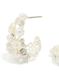 Silver Plated Diamante & Pearl Flower Hoop Earrings - link has visual effect only