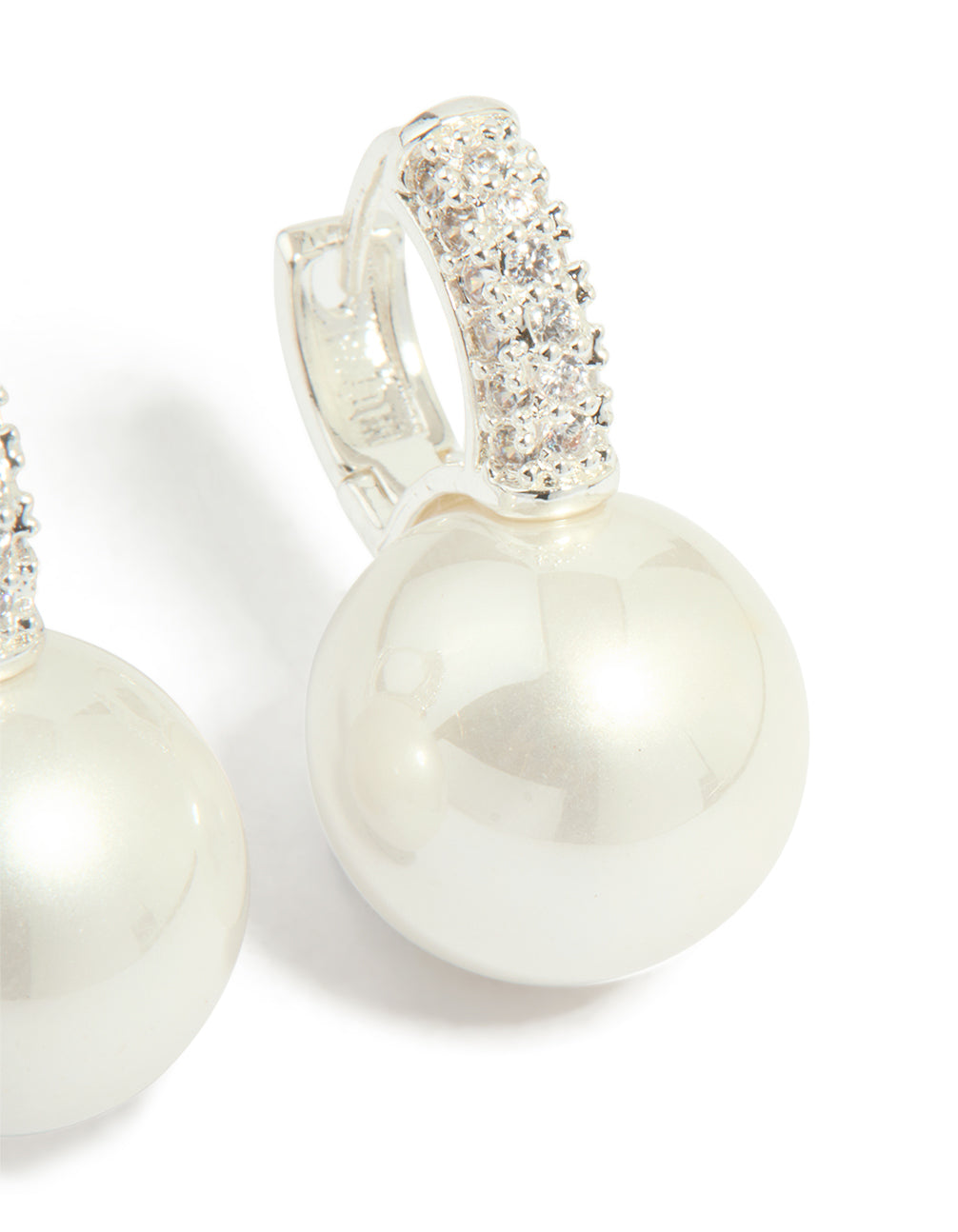 Silver Plated Large Pearl Drop Cubic Zirconia Huggie Earrings