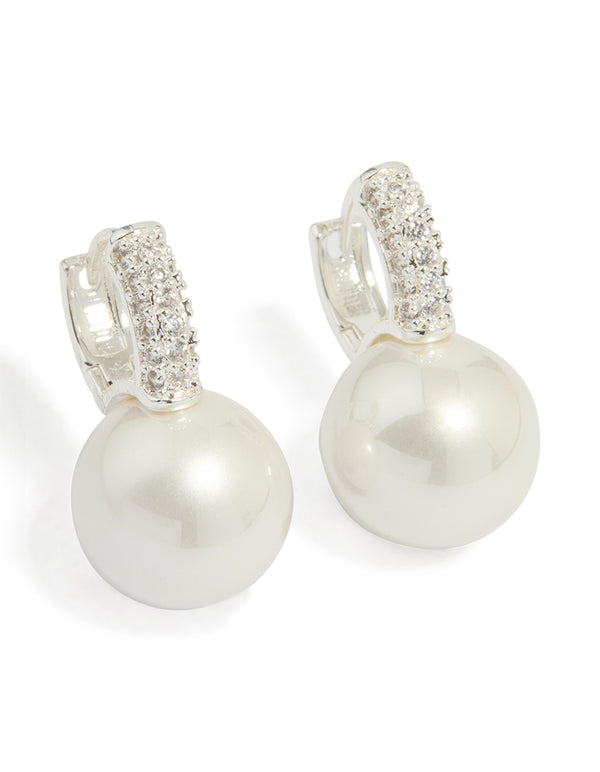 Silver Plated Large Pearl Drop Cubic Zirconia Huggie Earrings