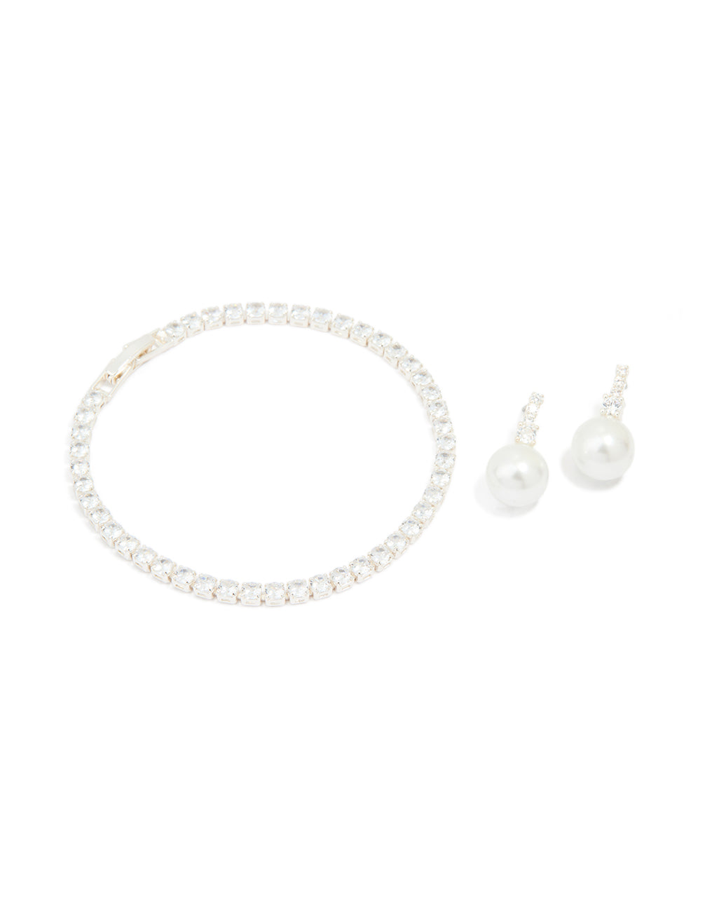 Silver Plated Cubic Zirconia Pearl Earrings & Tennis Bracelet Set