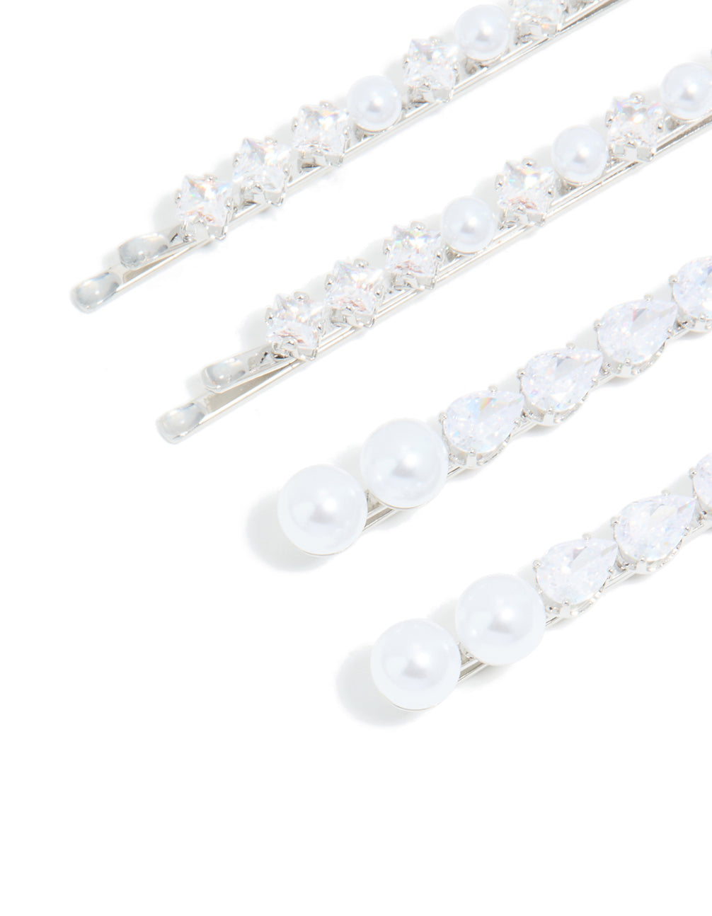 Silver Plated Cubic Zirconia & Pearl Hair Clips 4-Pack