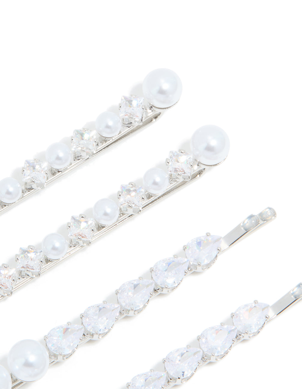 Silver Plated Cubic Zirconia & Pearl Hair Clips 4-Pack