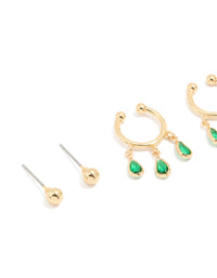 Gold Plated Green Cubic Zirconia Ear Cuff & Huggie Earrings 4-Pack - link has visual effect only